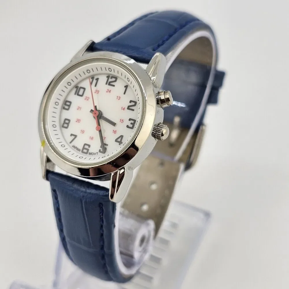 28MM Women Watch White Dial New‎ Blue Leather Bands New Battery READ DESCRIPTION